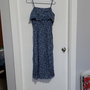 Blue and white floral midi dress, ruffle top